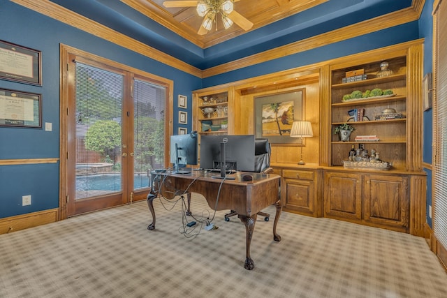 office with crown molding, ceiling fan, and light carpet