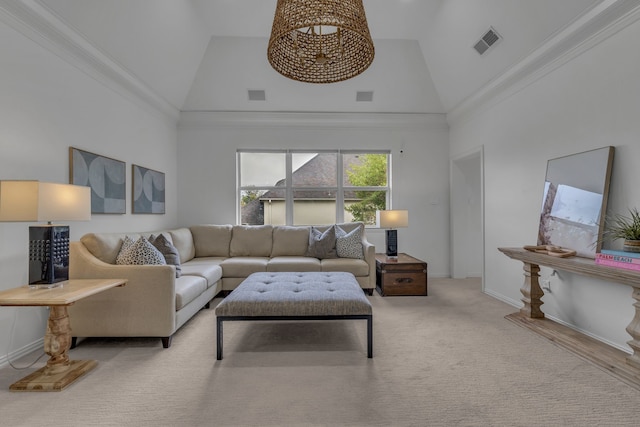 carpeted living room with crown molding and high vaulted ceiling