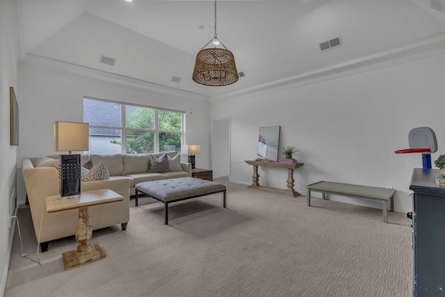 carpeted living room featuring crown molding and high vaulted ceiling