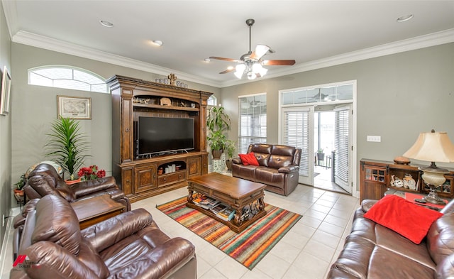 tiled living room with ceiling fan and ornamental molding