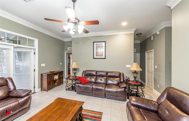 living room featuring light tile patterned floors, crown molding, and ceiling fan