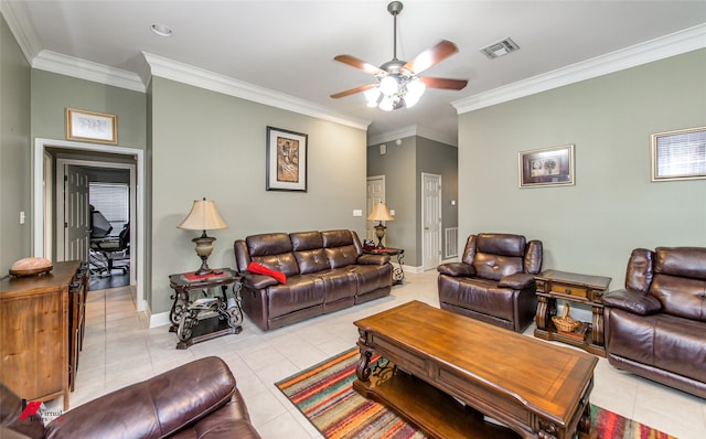 tiled living room featuring crown molding and ceiling fan