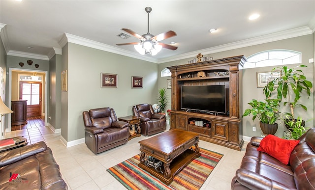 living room with crown molding, ceiling fan, and light tile patterned flooring