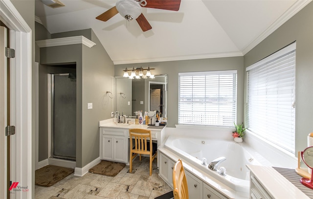 bathroom featuring lofted ceiling, vanity, crown molding, and independent shower and bath