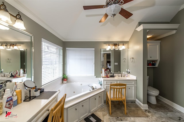 bathroom with vaulted ceiling, a bathtub, vanity, toilet, and crown molding