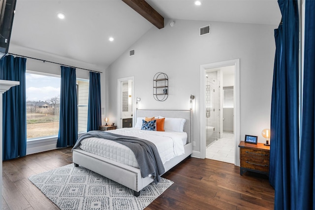 bedroom featuring ensuite bathroom, high vaulted ceiling, dark hardwood / wood-style floors, and beam ceiling