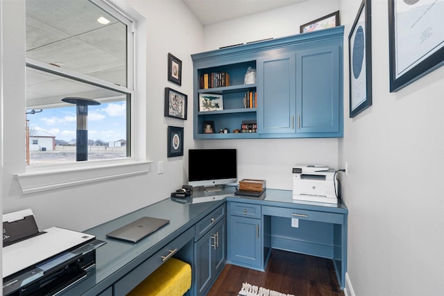 office space featuring built in desk and dark wood finished floors