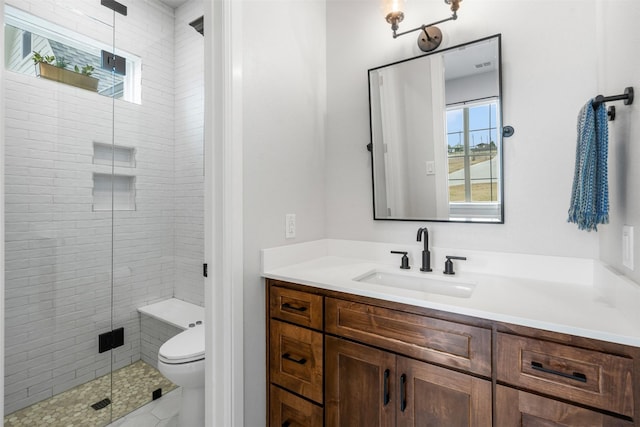 full bath featuring toilet, a shower stall, and vanity
