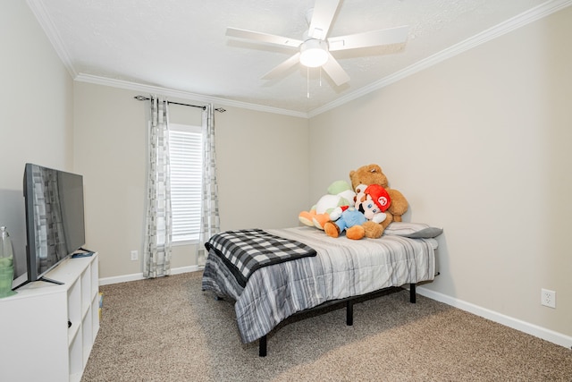 carpeted bedroom with crown molding and ceiling fan