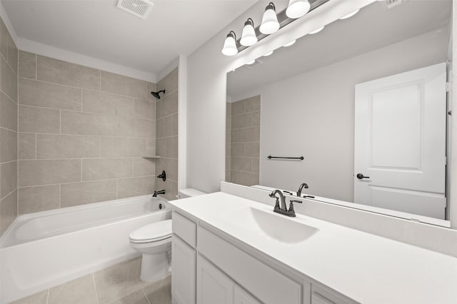 bathroom with tile patterned floors, shower / bathtub combination, visible vents, toilet, and vanity