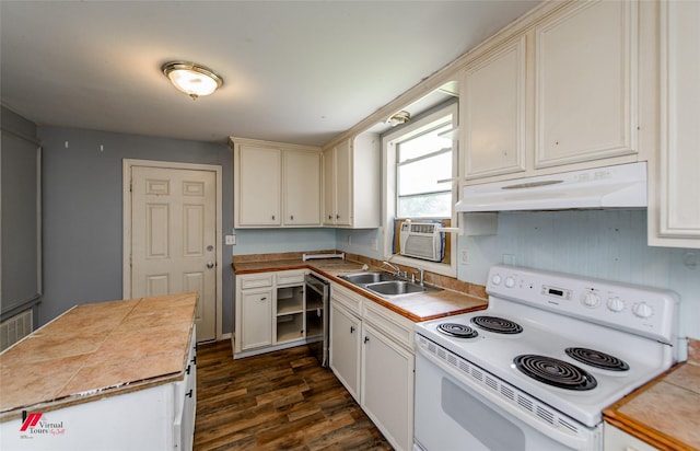 kitchen featuring electric stove, sink, cooling unit, tile counters, and dark hardwood / wood-style flooring