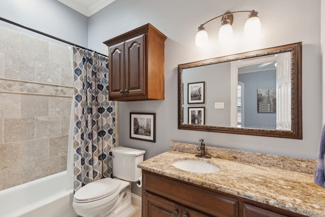 full bathroom with vanity, shower / tub combo with curtain, crown molding, and toilet