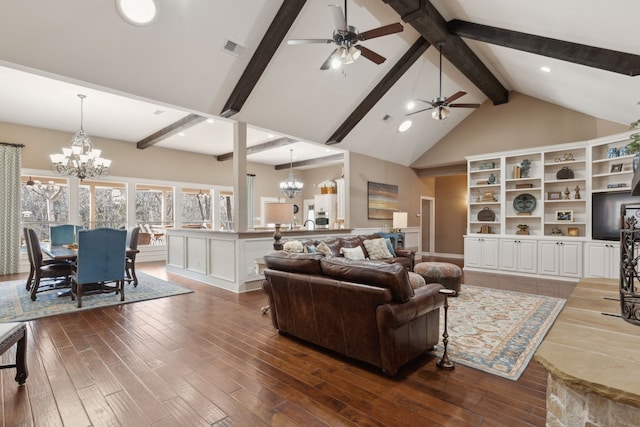 living room featuring beamed ceiling, dark hardwood / wood-style floors, ceiling fan with notable chandelier, and high vaulted ceiling