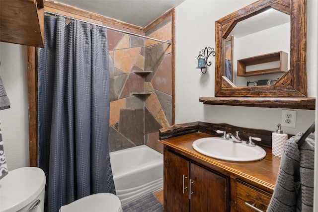 full bathroom featuring vanity, shower / bath combination with curtain, and toilet