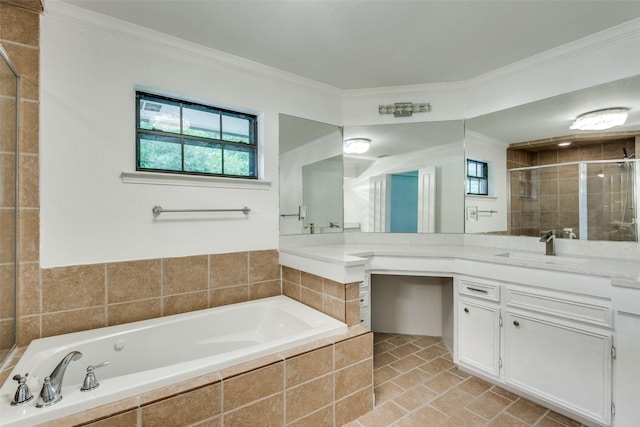 bathroom featuring vanity, crown molding, and separate shower and tub