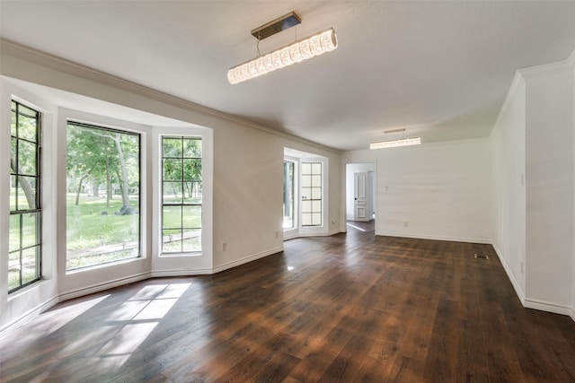 unfurnished room with crown molding and dark wood-type flooring