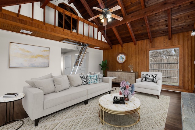 living room featuring wood ceiling, wooden walls, beamed ceiling, and wood-type flooring