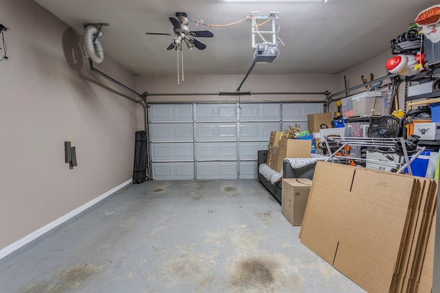 garage featuring ceiling fan and a garage door opener