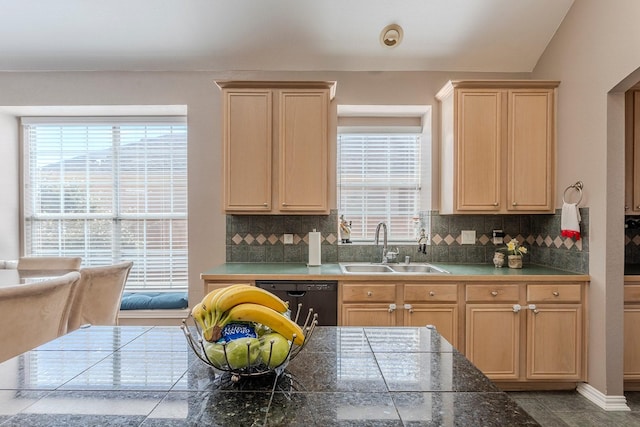 kitchen with light brown cabinetry, sink, decorative backsplash, and dishwasher