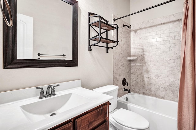 full bathroom with shower / bathtub combination with curtain, vanity, and toilet