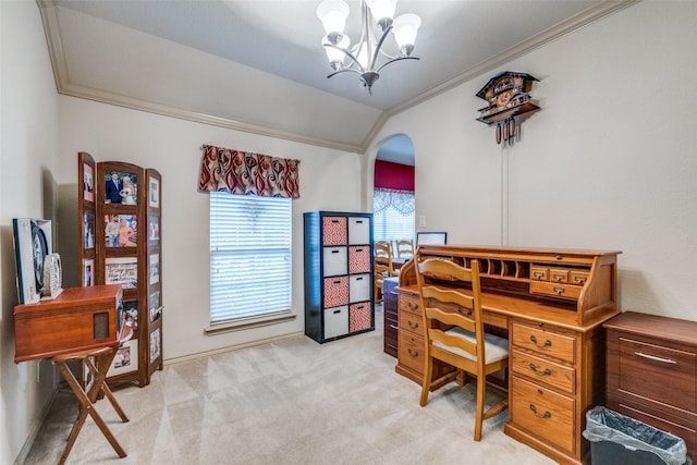 office with arched walkways, crown molding, lofted ceiling, light colored carpet, and an inviting chandelier