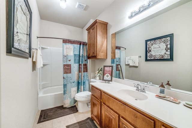 full bath featuring shower / bath combo, visible vents, toilet, tile patterned flooring, and vanity