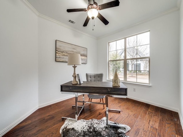 office area featuring crown molding, dark hardwood / wood-style floors, and ceiling fan