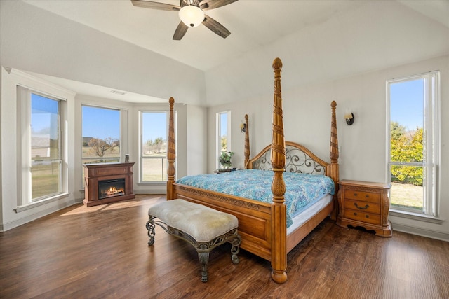 bedroom featuring dark wood-type flooring and ceiling fan