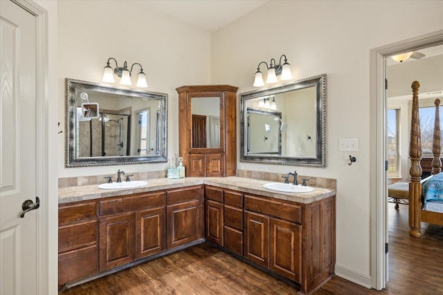 bathroom featuring wood-type flooring, a shower with door, and vanity