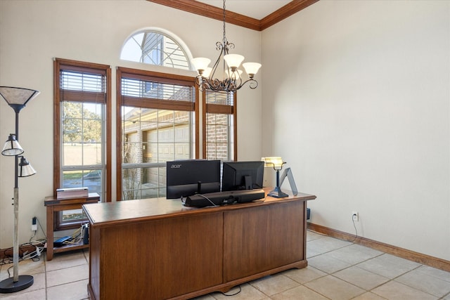 tiled office featuring crown molding, a healthy amount of sunlight, and a chandelier