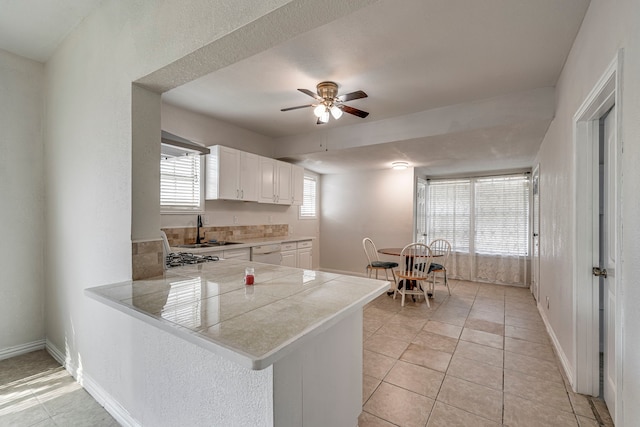 kitchen with white cabinetry, sink, white dishwasher, and kitchen peninsula