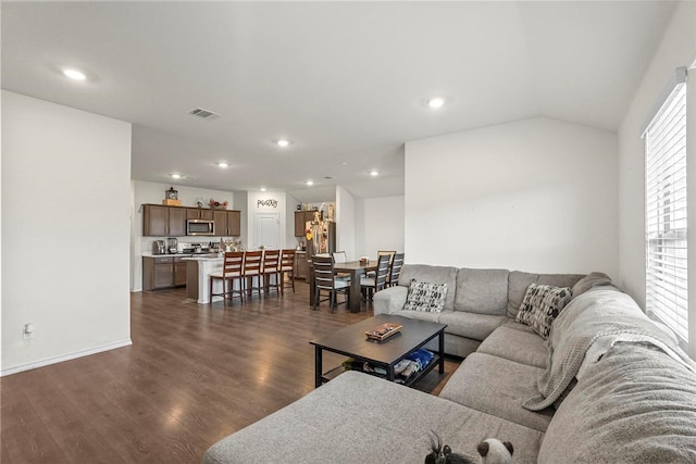 living room with lofted ceiling and dark hardwood / wood-style floors