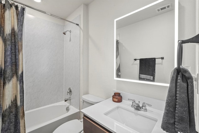 full bathroom with vanity, toilet, and shower / bath combo with shower curtain