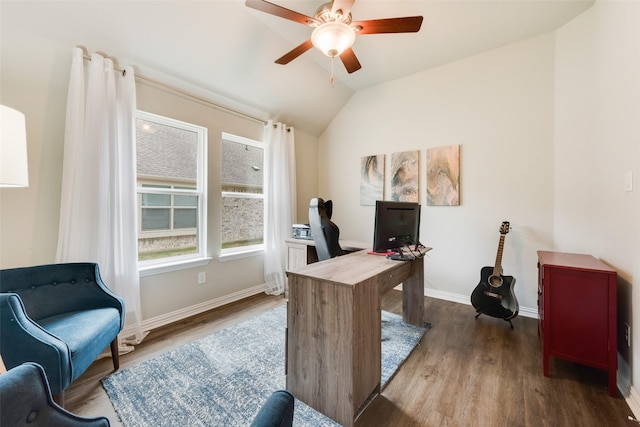 office area with wood-type flooring, lofted ceiling, and ceiling fan