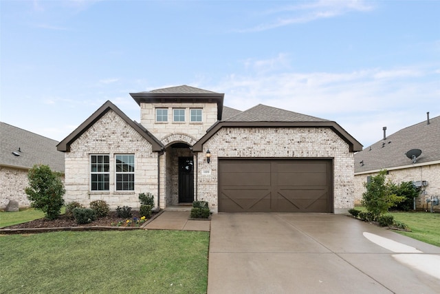 french country home with a garage and a front lawn