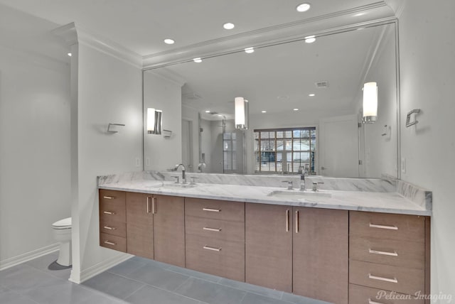 bathroom featuring ornamental molding, toilet, tile patterned flooring, and vanity