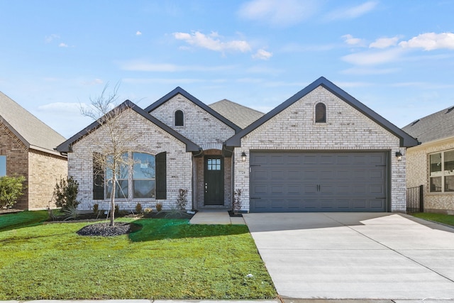 french country style house with a garage and a front yard