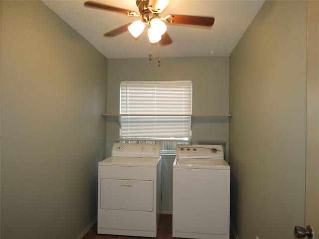 clothes washing area with separate washer and dryer and ceiling fan