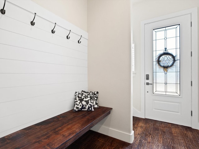 mudroom featuring plenty of natural light, dark wood finished floors, and baseboards