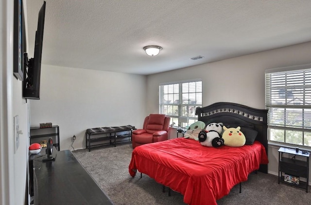 carpeted bedroom with a textured ceiling