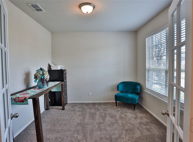 living area featuring carpet