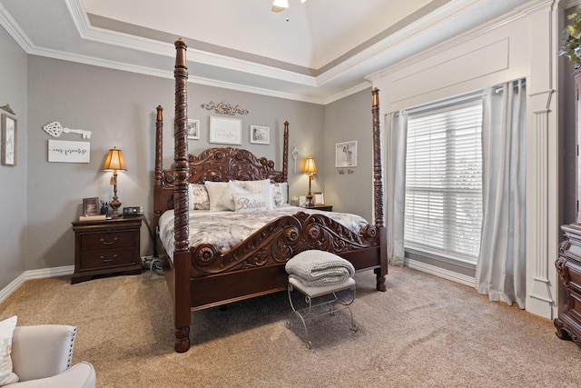 bedroom featuring crown molding, carpet flooring, and a tray ceiling