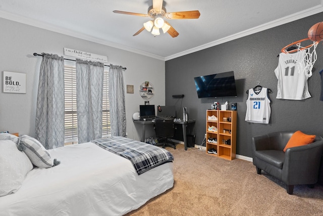 bedroom with ornamental molding, carpet flooring, and ceiling fan