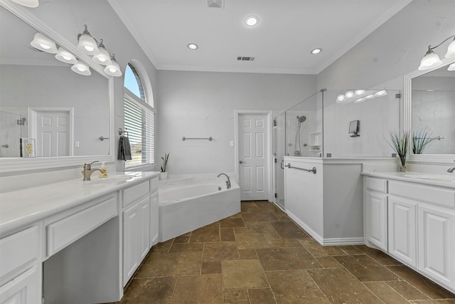 full bathroom with a shower stall, crown molding, visible vents, and a sink