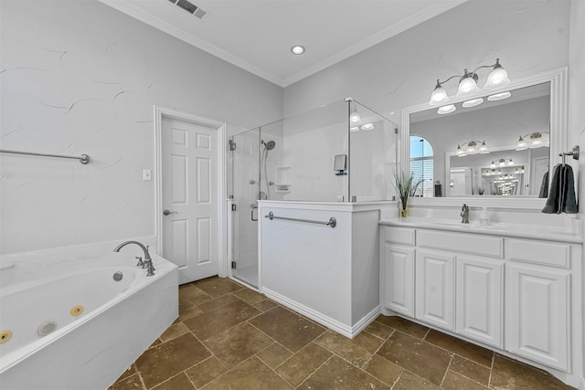 bathroom with ornamental molding, a tub with jets, stone tile flooring, vanity, and a shower stall