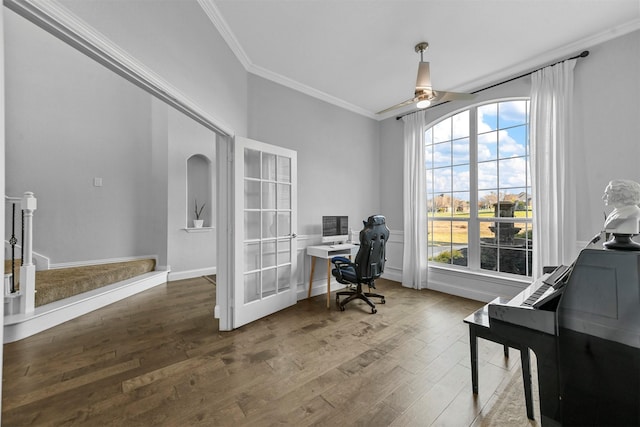 office with ornamental molding, plenty of natural light, baseboards, and wood finished floors