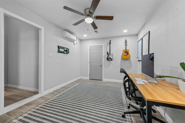 office area featuring recessed lighting, a ceiling fan, wood finished floors, a wall mounted air conditioner, and baseboards