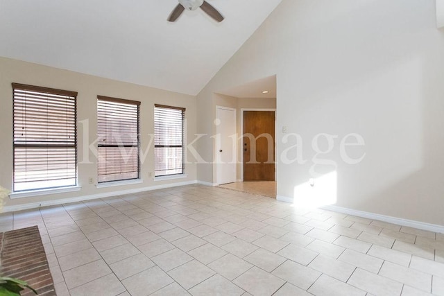 unfurnished room featuring high vaulted ceiling, ceiling fan, and light tile patterned flooring