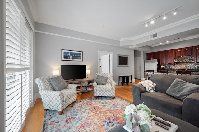 living room with crown molding and light wood-type flooring