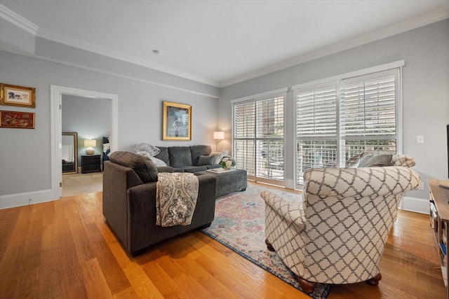 living room with crown molding and light hardwood / wood-style flooring